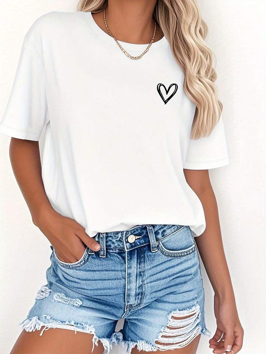Camiseta de manga corta para mujer, estampado oscuro pequeño amor, moda primavera-verano, cómoda y versátil, 100% poliéster - Blanco - Ver 1
