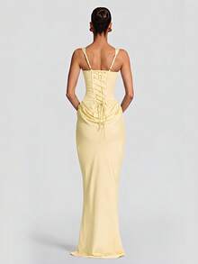 Cornelia Women's Sexy Spaghetti Strap Fitted Long Dress, Summer Satin Pleated Dress, Black Tie Back Elegant Birthday Party Cocktail Dress - Light Yellow - View 3
