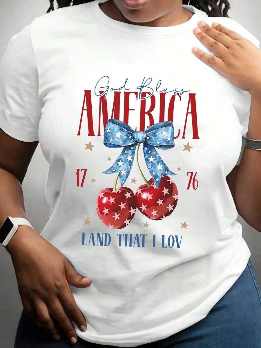 Camiseta Casual God Bless America 1776 con Diseño Patriótico de Cerezas, Estrellas y Lazo Azul para la Celebración del Día de la Independencia del 4 de Julio, Ropa Casual para Mujer - Blanco - Ver 1