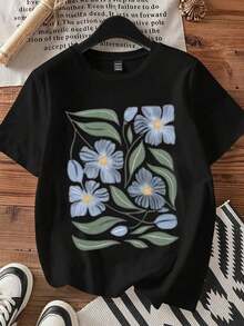 Camiseta con Estampado Floral, Diseño de Flores Azules y Hojas Verdes para Uso Casualblusa casual mujer - Negro - Ver 4