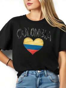 Camiseta con Gráfico de la Bandera de Colombia para Mujer, Camiseta de Orgullo Nacional, Top Casual de Verano, Estilo Urbano Vintage, Unisex, de Algodón, Manga Corta, Cuello Redondo, 100% Algodón - Negro - Ver 3