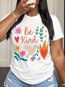 Camiseta Casual para Mujer con Estampado de Flores y Corazones "Be Kind With Do-Ve" para Uso Diario - Blanco - Ver 6