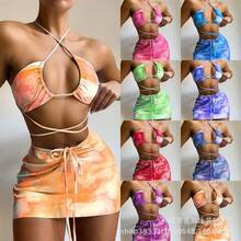Nuevo bikini sexy de dos piezas multicolor con estampado de mármol, traje de baño de tres piezas. - rayas rojas - Ver 2