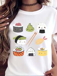 Camiseta con diseño de sushi kawaii para mujer, con personajes de sushi y palillos, gráfico divertido con temática de comida, top casual perfecto para amantes de la comida japonesa y para uso diario. - Blanco - Ver 1