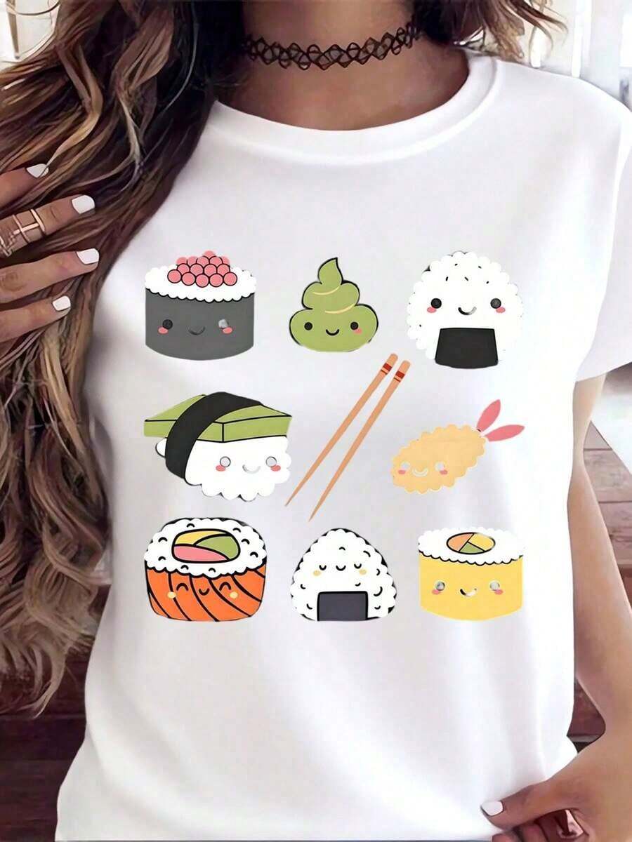 Camiseta con diseño de sushi kawaii para mujer, con personajes de sushi y palillos, gráfico divertido con temática de comida, top casual perfecto para amantes de la comida japonesa y para uso diario. - Blanco - Ver 1