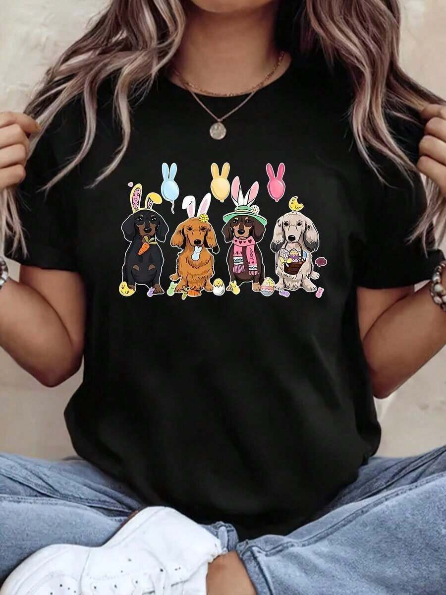 Under The RadarCamiseta de algodón informal de gran tamaño para mujer con estampado de perro, orejas de conejo, patas de perro, juguete y flores, suave y transpirable, cuello redondo, adecuada para uso diario, 220 g.-Camiseta unisex de algodón holgada de manga corta y cuello redondo estilo vintage urbano - Negro - Ver 1