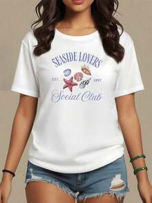 Comfortable. Seashells, Starfish, And Words Evoking The Tranquility Of The Ocean Form A Message Of Coastal Love. Women's T-Shirt, 100% Soft, Comfortable Cotton, Ideal For Relaxed Days. Fashionable All-Match Women's Short Sleeve T-Shirt, Basic Style For Inner & Outer Wear - 白色的 - 查看 12