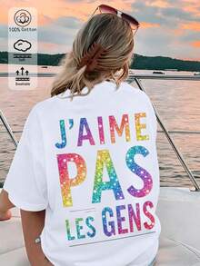 100%棉 女式T卹，J'AIME PAS LES GENS圖案T卹，plus size，春夏 四季 新款 運動上衣，休閒 時尚 柔軟 透氣 女式白色短袖上衣 - 白色4 - 查看 1