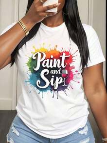 Camiseta de Mujer con Diseño Colorido de Salpicaduras de Pintura y Copa de Vino para Clases de Arte, Fiestas, Salidas Divertidas y Uso Casual - Blanco - Ver 1