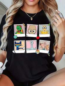 Playeras de mujer de algodón con estampado de personaje de dibujos animados P-Olaroid, camiseta negra para mujer, top casual de verano con diseño de animación divertido y detalles coloridos. - Negro - Ver 7