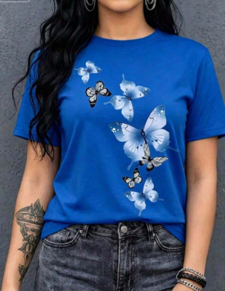 Women's Fashion Graphic Print T-Shirt Blouse, Basic Short Sleeve Crew Neck T-Shirt With Butterfly, Insect, And Flower Print, Spring/Summer, For Everyday Wear, Day/Night, Casual, Regular Fit, Comfortable, Cool, Lightweight, Modern, Youthful, School, Street, And Home Use. New Loose And Versatile Top - Vintage Street Style Unisex Cotton Short Sleeve Crew Neck T-Shirt - 藍色 - 查看 1