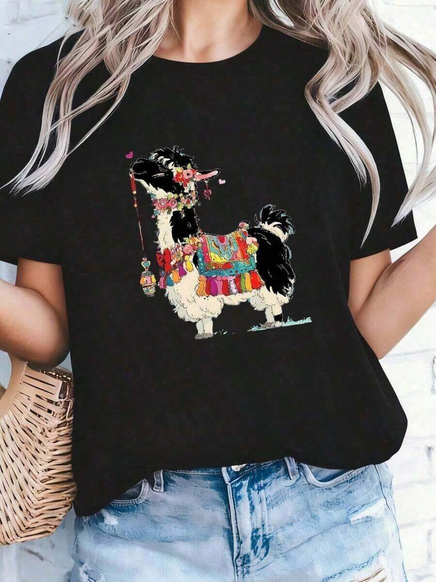 Women's Short Sleeve T-Shirt, 1 Piece, Casual Women's T-Shirt, Spring Summer, Short Sleeve, Round Neck, Cartoon Graphic Print, The Cat Is In Charge, I'm The Mom, Daily Style, Daily Outing, Holiday Gift. - 黑色 - 查看 1