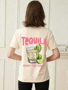 Una camiseta de verano para mujer, de corte holgado, cuello redondo y manga corta, estampada con un diseño que muestra tequila, limón y la frase en inglés "Use alcohol to relieve stress", adecuada para vacaciones, oficina, salidas, uso diario, citas, fiestas, reuniones, ropa urbana, carnavales, festivales de música, Día de San Valentín y otras ocasiones informales. 100% algodón. - Albaricoque - Ver 3