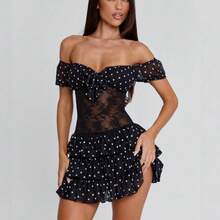 Vestido corto nueva llegada, hombros al descubierto, encaje combinado con estampado de lunares - Negro - Ver 9