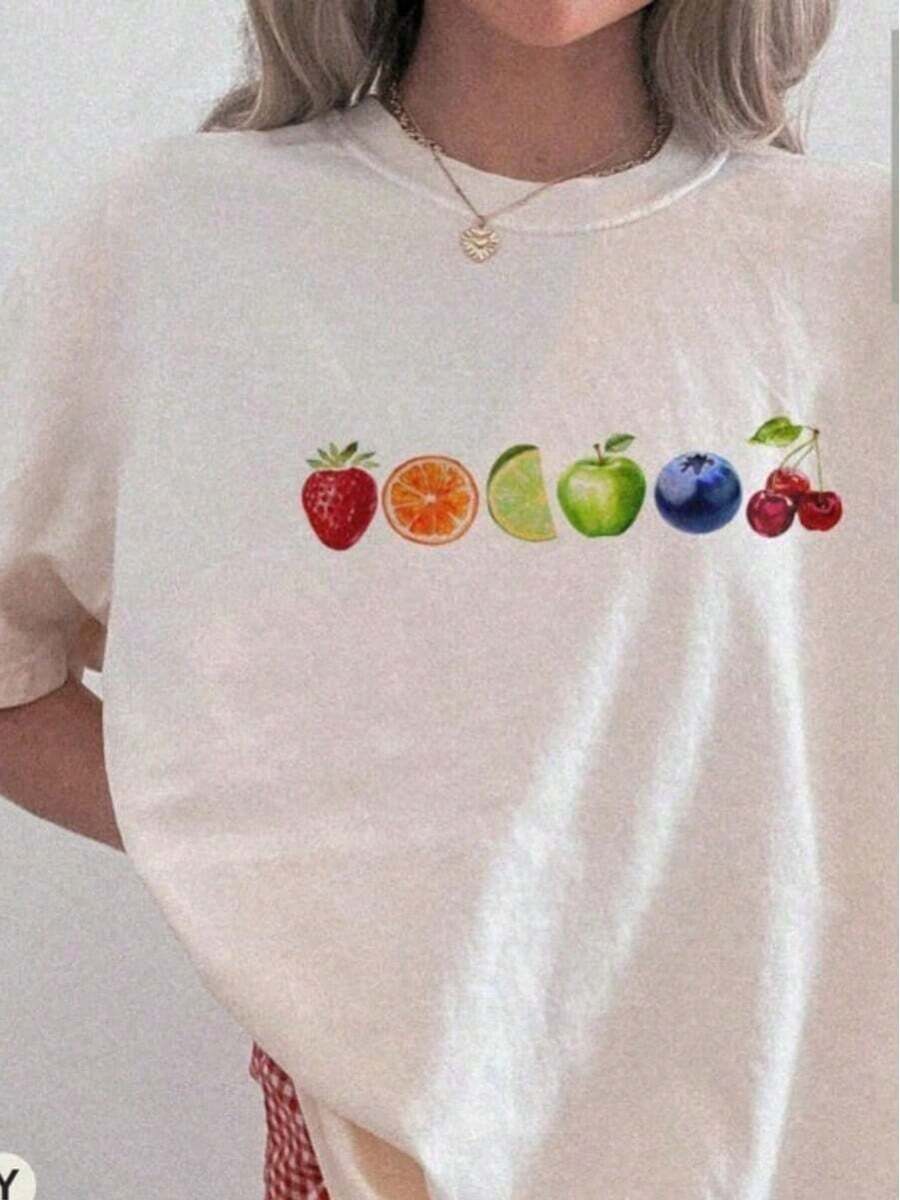 Y2K Fruit Print T-Shirt, Subtle Lesbian Pride T-Shirt, Subtle Bisexual Gift For Trans Pride, Pride Month T-Shirt, Unisex Clothing, Thick Cotton Short Sleeve T-Shirt, Classic Style, Graphic Print T-Shirt, Casual Short Sleeve T-Shirt For Women - 白色 - 查看 1