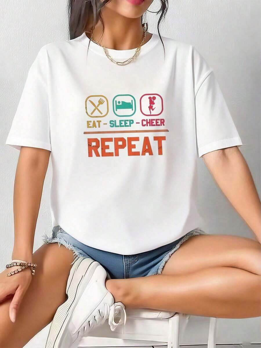 Camiseta Casual con Diseño 'Eat Sleep Cheer Repeat' para Animadoras y Chicas Animadoras - Blanco - Ver 1