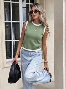 Suéter sin mangas con cordón de color contrastante para mujer - Verde - Ver 6