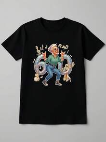 Una vibrante declaración de una abuela moderna de 60 años que presenta elementos musicales, estampados y camisetas casuales elegantes de cuello redondo para mujer, perfectas para conjuntos creativos, comodidad, uso diario y salidas. - Negro - Ver 6