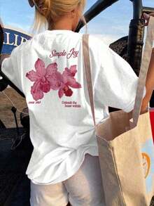 Soft Women's Crew Neck T-Shirt With A Colorful Letter And Floral Print, A Fashionable And Versatile Relaxed Oversized Fit. Graphic Blouses For Women In White And Pink, Vacation Outfits For Women. - 杏色 - 查看 6