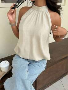 Top sin espalda con cuello de halter para mujer, unicolor minimalista, adecuado para vacaciones de verano - Albaricoque - Ver 7