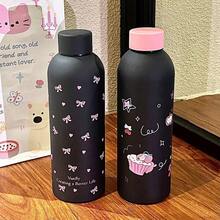 1个500毫升黑色保温杯，带蝴蝶结装饰，腊肠犬和爱心图案，简约黑粉少女风咖啡杯 - 彩色 - 查看 5