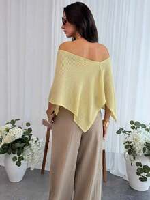 2026  Chal elegante de estilo bohemio para vacaciones de mujer, jersey holgado de punto sin hombros con bajo asimétrico, parte superior ligera de protección solar - Blanco - Ver 10