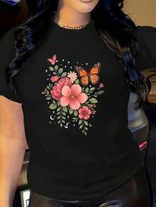 Camiseta de Mujer con Estampado Floral de Mariposas ModernoWomen - Blanca con Flores Rosas y Multicolor, Manga Corta, Cuello Redondo, Top Casual Elegante, Blusa No Elástica para Todas las Temporadas (Primavera, Verano, Otoño), Lavable a Máquina para Uso Diario y Formal, Idea de Regalo para Fiestas. - Negro - Ver 1