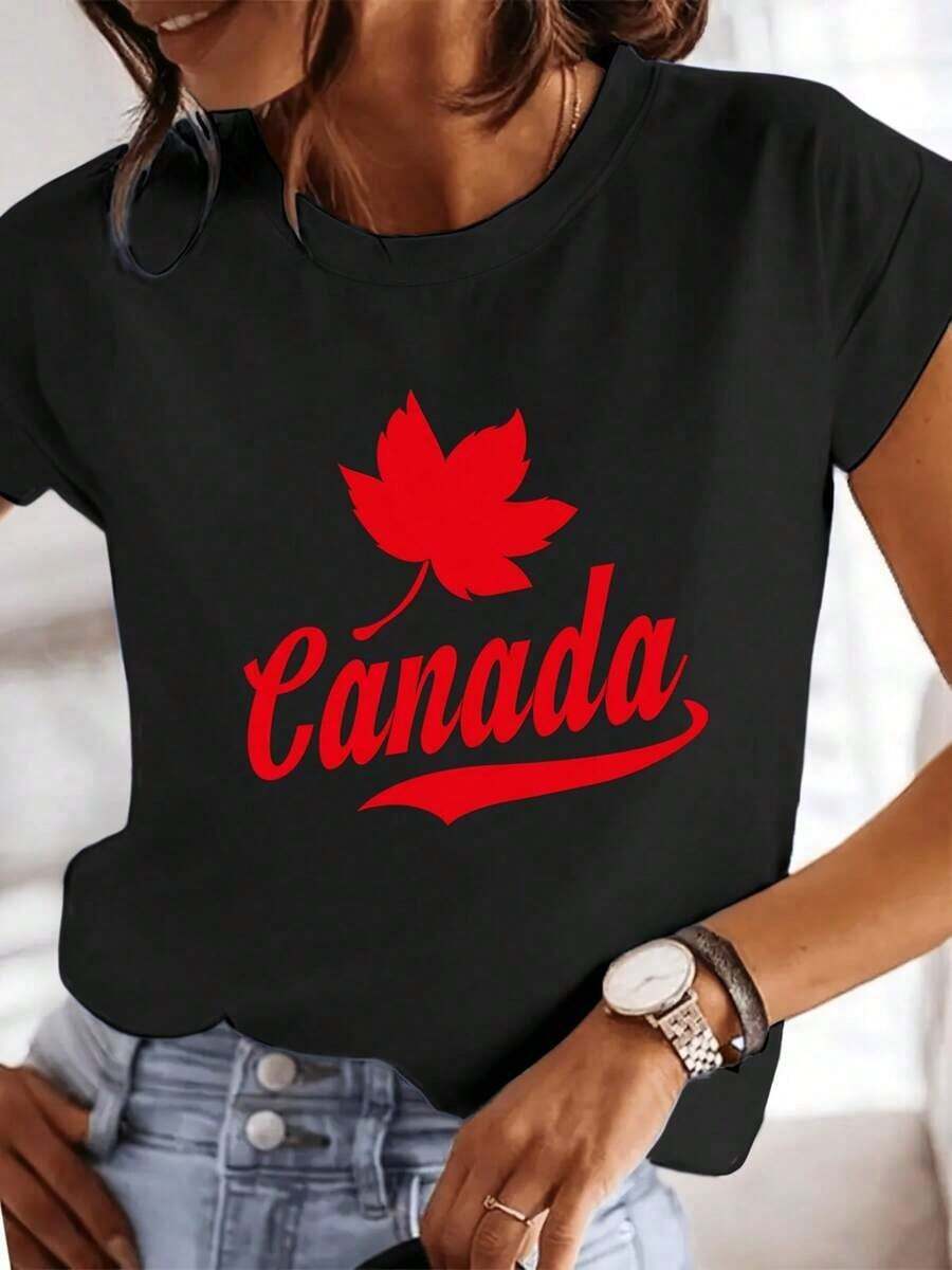 New Women's Summer Casual T-Shirt, Canadian Maple Leaf Print T-Shirt, Simple Patriotic Style, Gift, Casual Round Neck Top, Breathable, Lightweight And Comfortable, Suitable For Spring And Summer Wardrobes - Unisex Loose Cotton Short Sleeve Round Neck T-Shirt - Unisex Loose Cotton Short Sleeve Round Neck T-Shirt, Urban Vintage Style - 黑色 - 查看 1