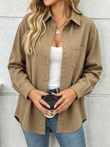Camisa casual de mujer de unicolor con bolsillo y botones delanteros, primavera - Caqui - Ver 5