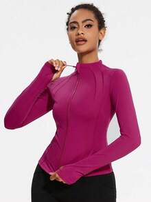 2026 Chaqueta deportiva de ajuste ceñido para mujer VUTRU con ojales para el pulgar y cuello alto, primavera - Negro 2 - Ver 9