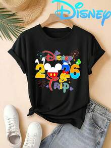 2026 Disney Trip Mickey Elements Printed T-Shirt-Soft Stretch Crewneck Top For Summer, Vacation And Casual Attire, Machine Washable, Multicolor Available In Sizes XS To XXL - Black - View 1
