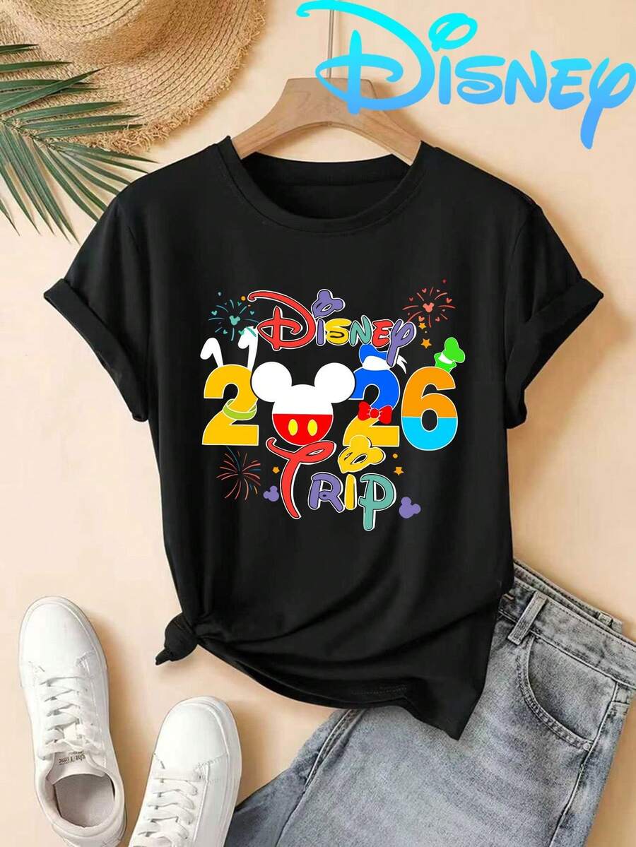 2026 Disney Trip Mickey Elements Printed T-Shirt-Soft Stretch Crewneck Top For Summer, Vacation And Casual Attire, Machine Washable, Multicolor Available In Sizes XS To XXL - màu đen - Xem 1