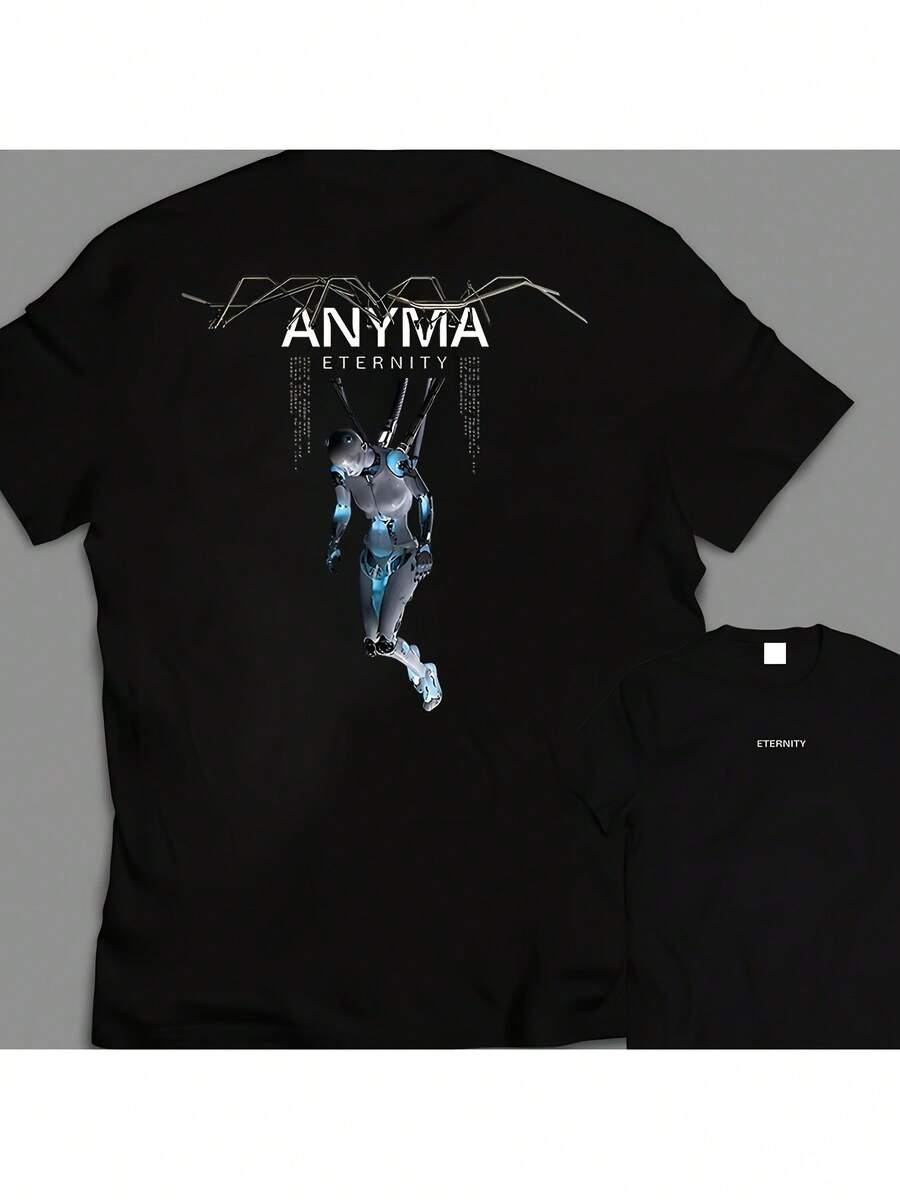 Camiseta de Corte Holgado AnymaADAM - Estampado Retro-Futurista de Robot y Logotipo ANYMA Eternal, Transpirable, Cuello Redondo, Manga Corta, Ropa Deportiva Casual y de Fitness, Lavable a Máquina, Camiseta de Verano, Diseño de Marca Exclusivo, 100% Algodón. - Negro, doble cara - Ver 1