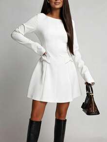 Vestido mini manga larga cuello redondo con lazo y cintura marcada - Blanco - Ver 5