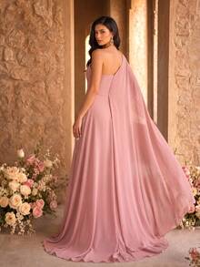 SUPGIR Floral Decor Slit Maxi Chiffon Dress With Shoulder Strap & Flounce Sleeve Wedding Spring Fall - Dusty Pink - View 5