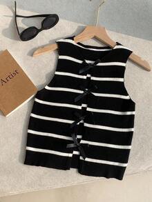 Blusa casual de punto sin mangas con decoración de lazo a rayas para mujer - Negro - Ver 1