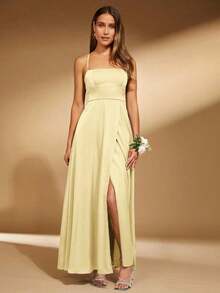 Vestido corto casual de mujer tipo minifalda con tirantes de espagueti, espalda cruzada y sin espalda, vestido de dama de honor - Amarillo - Ver 2