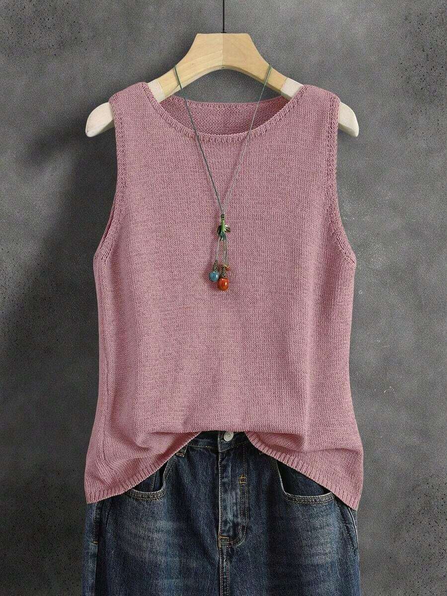Chaleco de punto de unicolor para mujer, estilo japonés retro para capas, corto y casual para verano y vacaciones, versátil, adecuado para primavera, verano, principios de otoño, ir al trabajo, minimalista retro, festival de música colorido, escuela, top sin mangas - Rosa vieja - Ver 1