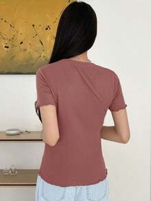 Blusa de punto acanalado con ribete de lechuga, estilo preppy de verano - Color caoba - Ver 2
