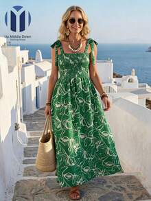 Vestido Largo De Tirantes Con Lazos Y Busto Fruncido Para Mujer, Vestido Playero Casual Con Estampado Floral Estilo Verano - Verde - Ver 4