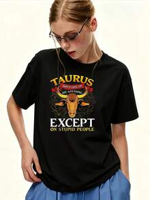 Women's T-Shirt With Taurus Print 180G Don't Give Up, Except Fools With Star Pattern, Casual Short Sleeve T-Shirt, Loose Fit, Birthday Gift For Her, Friends, Family, Company, Building, Summer 2024 - Vintage Urban Style, Unisex Cotton Short Sleeve Round Neck T-Shirt. - 黑色 - 查看 7