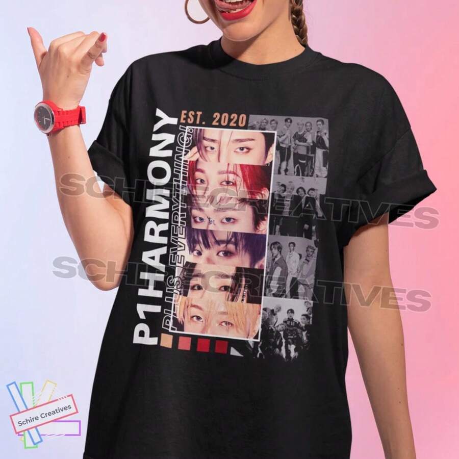 Camisa Unisex P1Harmony, ¡P1Harmony Más que Todo! Camiseta con estampado gráfico - Negro - Ver 1