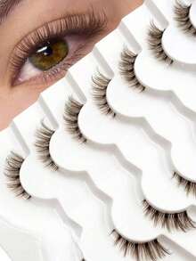 7 Pairs Brown Half-Strip Natural Curly Faux Mink Eyelashes, Transparent & Suitable For Party, Travel, Daily Wear - Multicolor - View 2