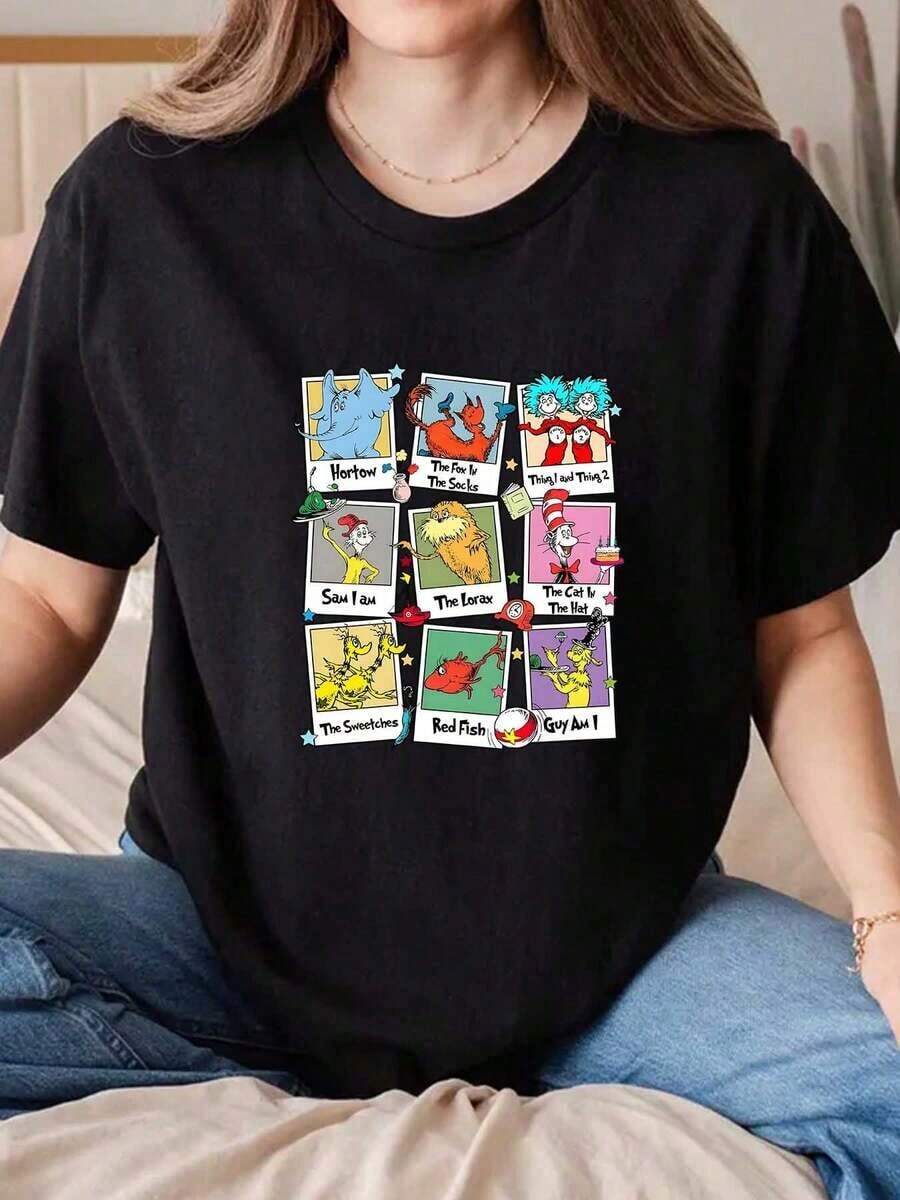 Camiseta Casual Unisex con Estampado de Personajes de D R S Euss y Títulos de Libros, Cuello Redondo, para la Temporada Navideña, Fiestas Divertidas y como Idea de Regalo. Lavable, Opción Casual para Uso Diario, Fiestas y Regalos. - Negro - Ver 1