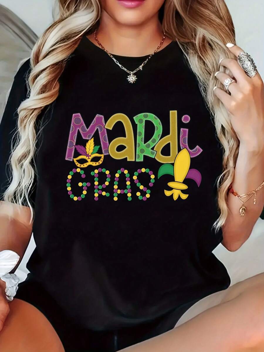 Talla - Camiseta de de Carnaval de Mardi Gras para Mujer - Camiseta elástica conáscara de Mardi Gras y flores - Fondo negro, morado, amarillo, verde, rosa, dorado - Ropa festiva, top casual de verano - Camiseta unisex de algodón holgada de manga corta y cuello redondo estilo vintage urbano - Negro - Ver 1