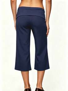 Womens Low Rise Capri Pants Fold Over Waistband Solid Color Slim Fit Cropped Pants Trousers - 藍色 - 查看 4