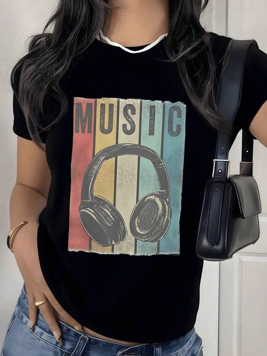 Camiseta con Estampado Gráfico de Auriculares Retro, 180g, 1 Pieza, Estilo Vintage para Conciertos, Camiseta Casual de Mujer 100% Algodón, Estilo Streetwear - Negro - Ver 1