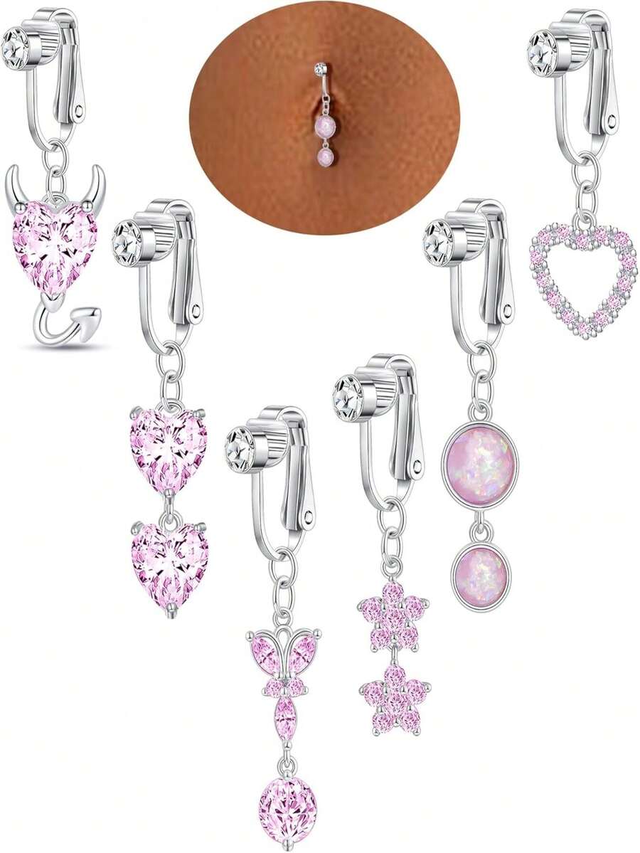 6Pcs Dangle Clip On Fake Belly Ring Set, Silver Tone Non Piercing CZ Opal Butterfly Heart Star Snake Faux Navel Rings For Women Daily Jewelry - Pink - View 1