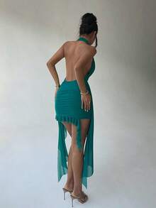 Nuevo vestido mini de malla verde con escote en V profundo, cuello halter, espalda descubierta, ajustado, volante asimétrico en el bajo, ideal para fiestas, festivales de música, bodas y vacaciones en la playa, perfecto también para el Día de San Patricio y festivales de música con estilo bohemio - Gris - Ver 10