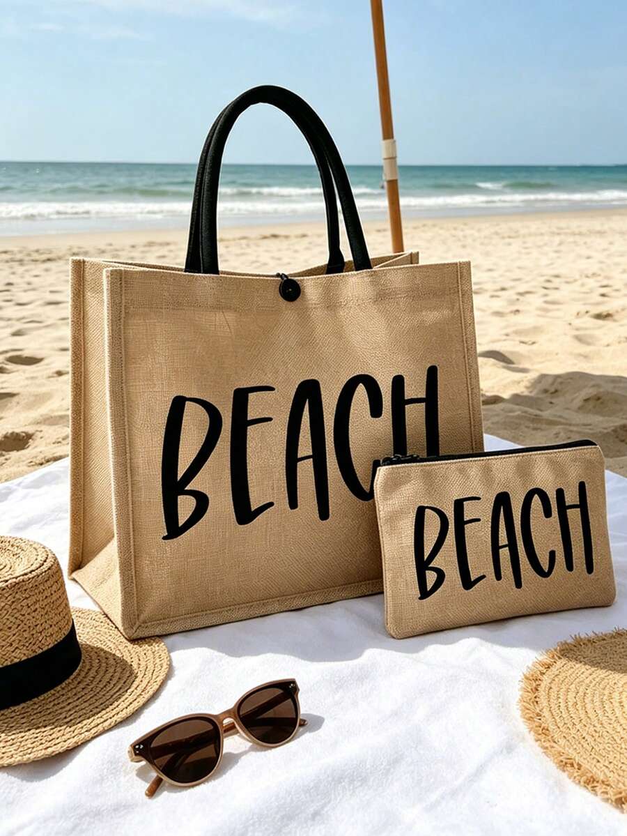 亞麻大容量海灘包,印有「Beach」文字的托特包,海灘主題。亞麻材質拉鍊化妝包 - 彩色 - 查看 1